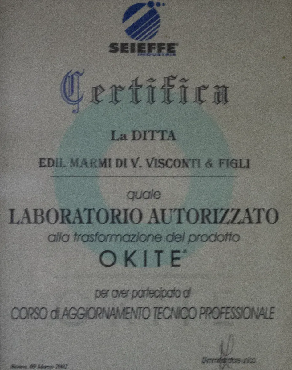 Certificato SEIEFFE: Edil Marmi di V. Visconti & Figli, laboratorio autorizzato alla trasformazione del prodotto OKITE (2002)