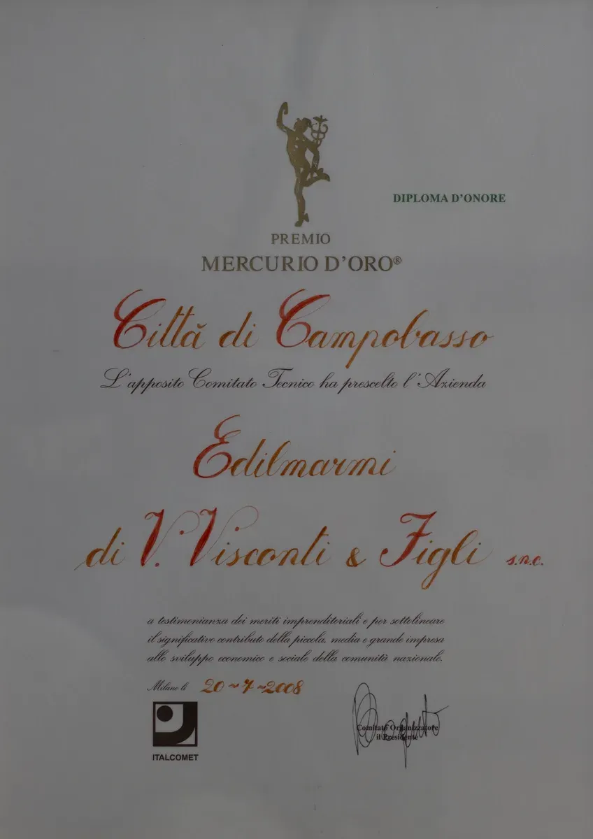 Premio Mercurio d'Oro, Diploma d'onore Città di Campobasso a Edilmarmi di V. Visconti & Figli (Milano, 2008)