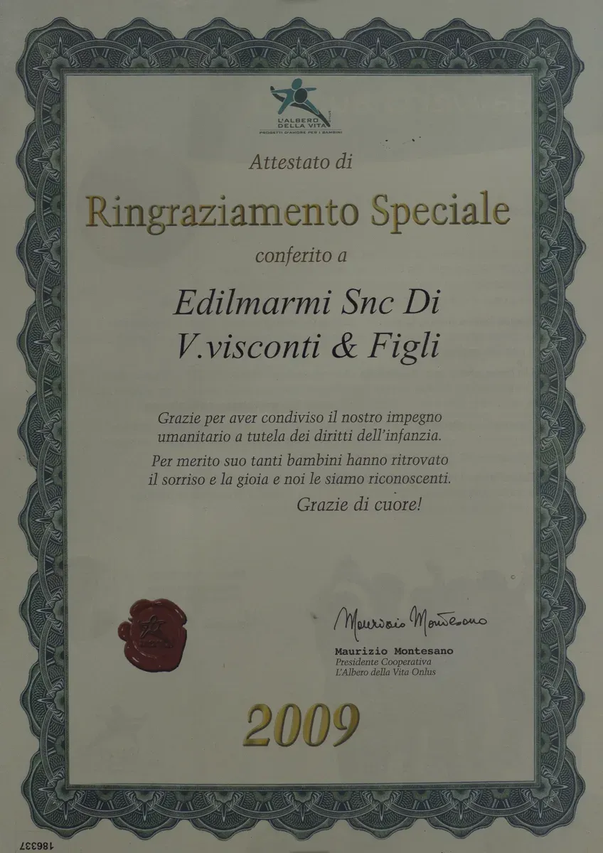 Attestato di Ringraziamento Speciale conferito a Edilmarmi dalla Onlus L'Albero della Vita (2009)