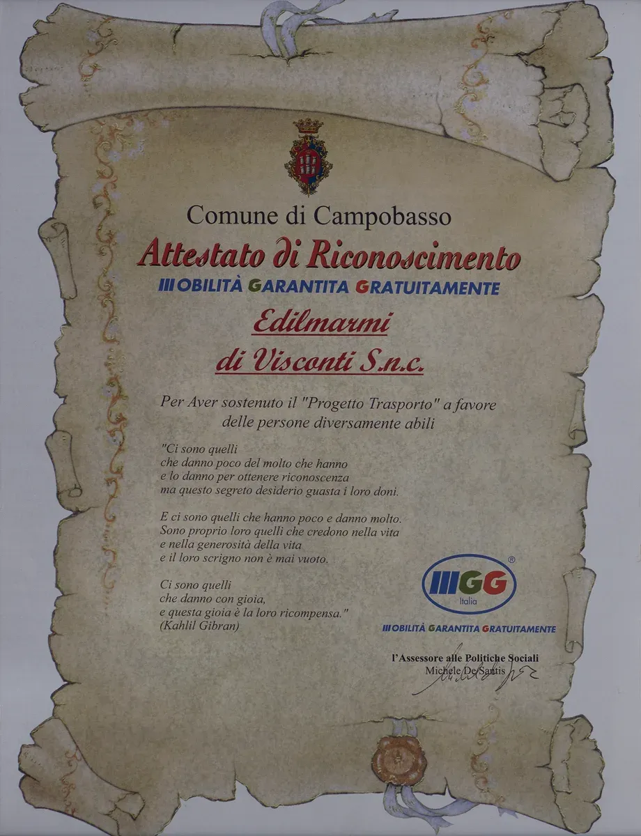 Attestato di Riconoscimento del Comune di Campobasso a Edilmarmi di Visconti S.n.c. per il sostegno al Progetto Trasporto