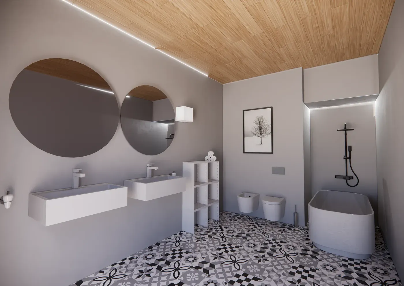 Render 3D fotorealistico di un bagno di design